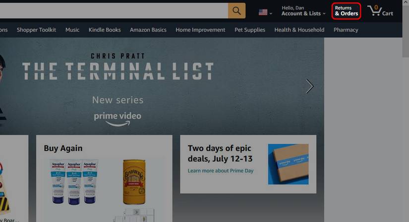 Red rectangle outline over Returns & Orders option on the Amazon homepage