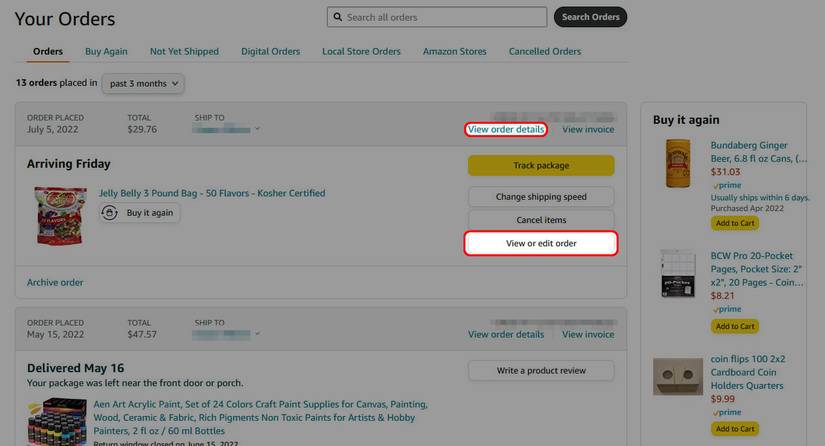 red rectangle outline highlighting View or edit order and View order details on Amazon orders page