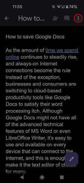 Google Docs mobile highlighting the 3-dot overflow menu