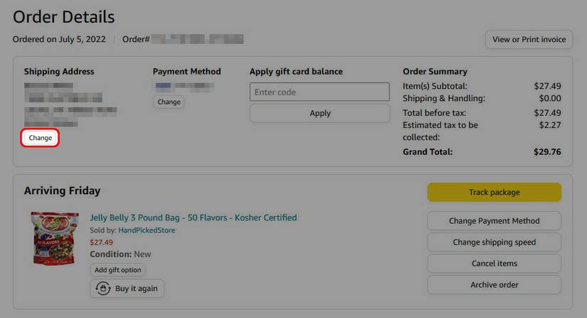 red rectangle outline over Change button in order details page