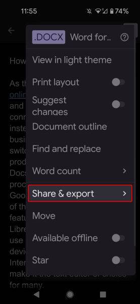 Google Docs mobile overflow menu highlighting the Share & export option