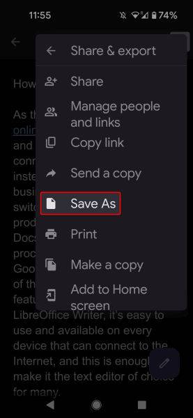 Google Docs mobile Share & Export menu highlighting the Save As option