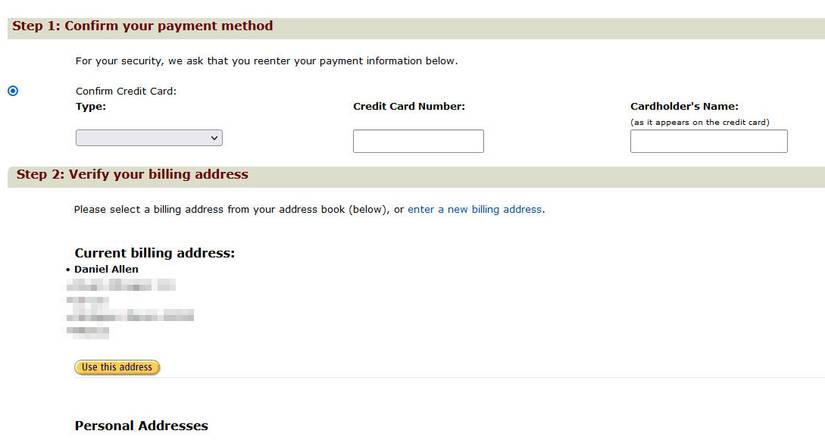 Confirm your payment method page and verify your billing address page on amazon