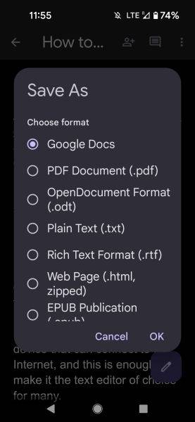 Google Docs mobile Save As file type options