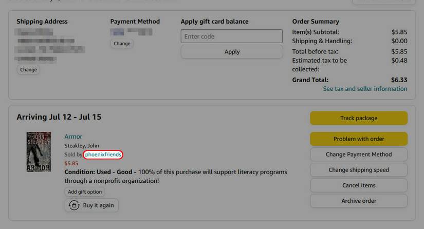 red rectangle outline over Amazon vendor's name next to the product image.