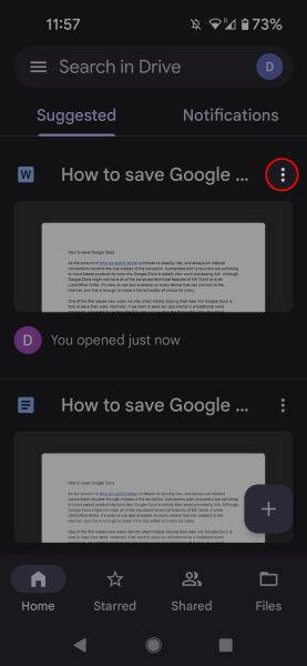 Google Drive mobile highlighting the 3-dot menu on an individual file