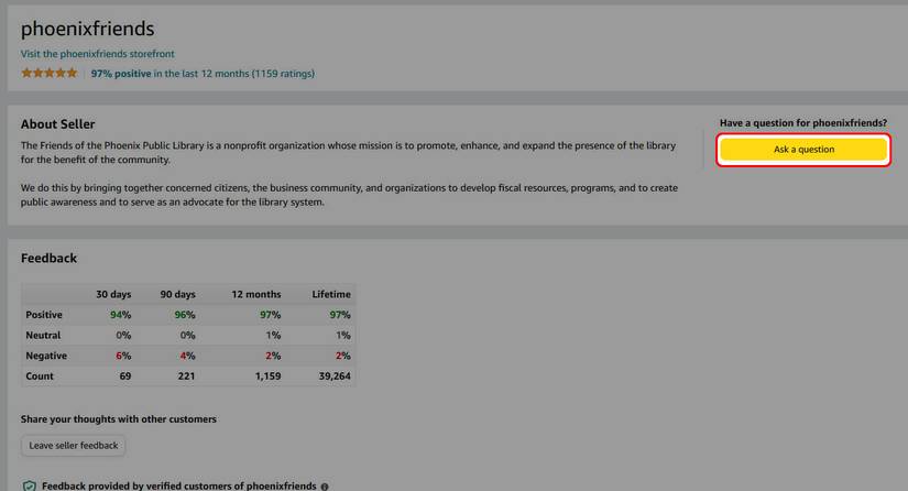 red rectangle outline over Ask a question at the right of the Amazon vendor's details page.