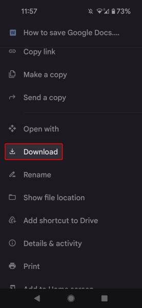 Google Drive mobile overflow menu highlighting the Download option
