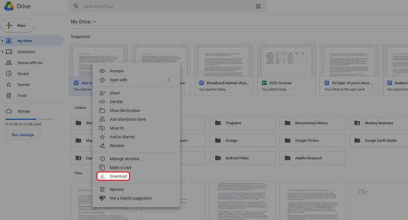 Google Drive browser app right-click menu highlighting the Download option