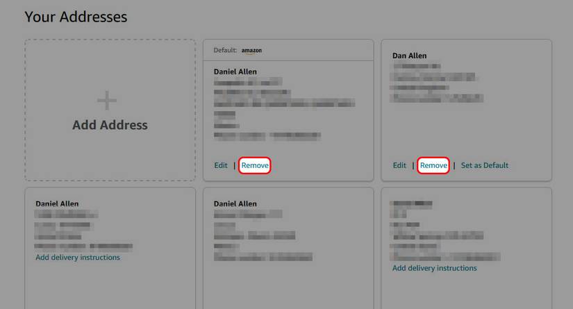red rectangle outlines over remove option in your addresses page on amazon website