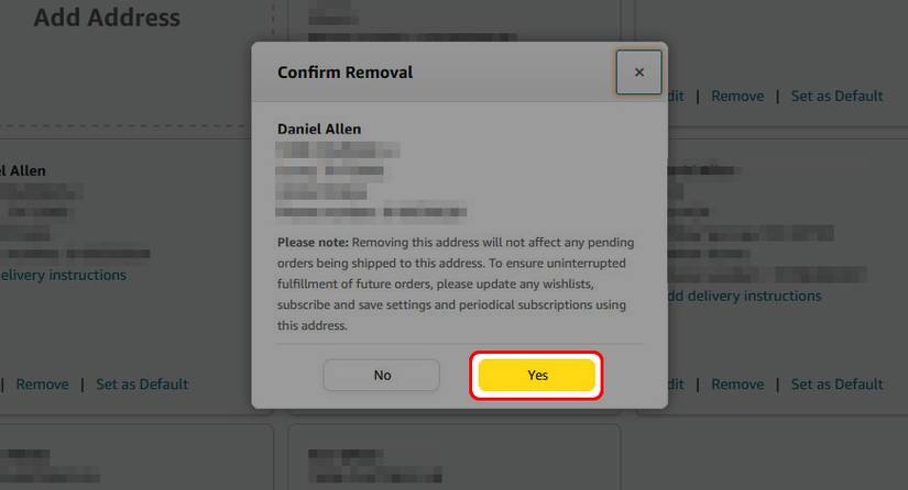 red rectangle outline over yes option in Confirm Amazon address removal on amazon website
