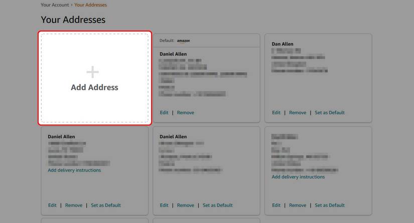 red rectangle outline over Add Address in Your Addresses page on amazon website