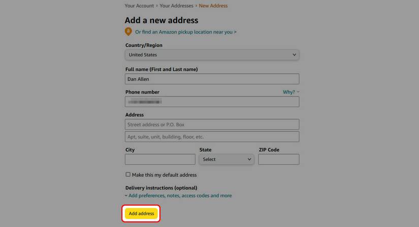 red rectangle outline over add address button in add a new address page on amazon website