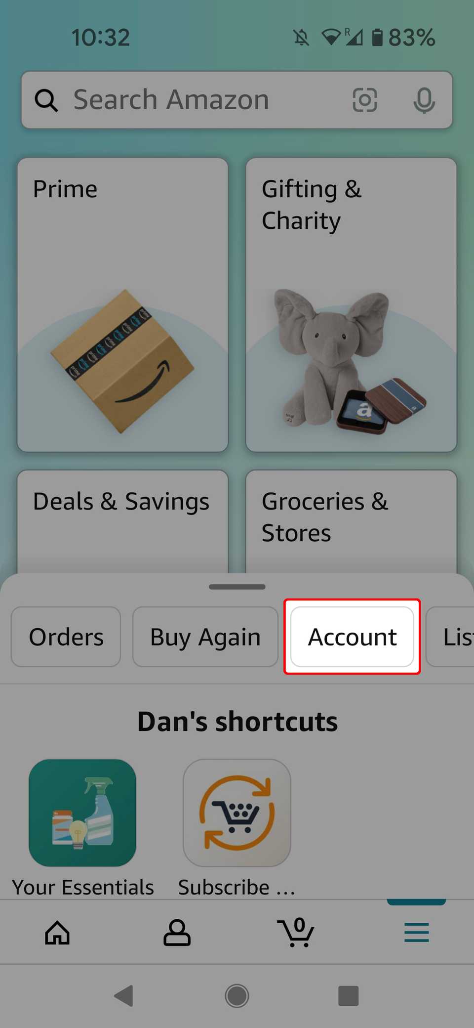 red rectangle outline over account in Amazon mobile app
