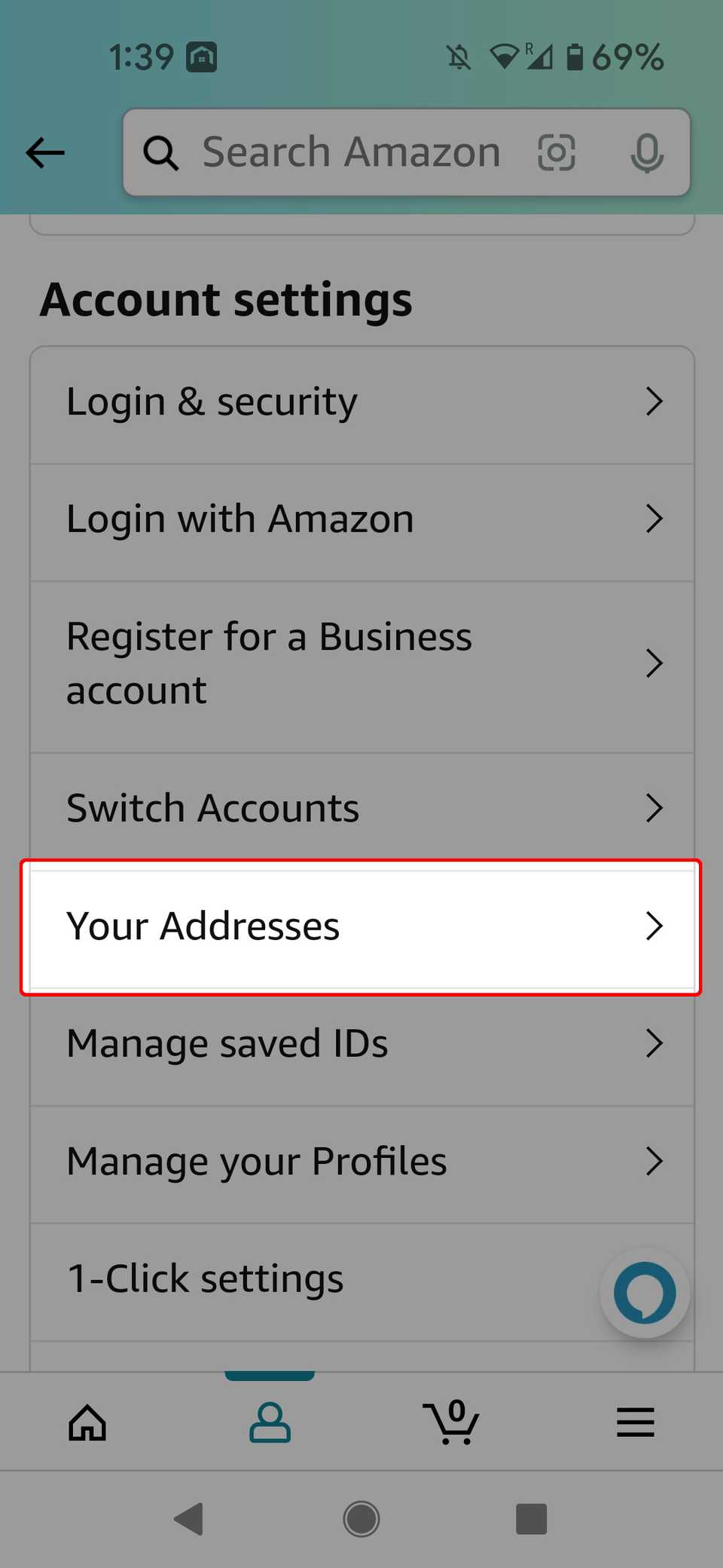 Red rectangle outline over Your Addresses in account settings on amazon app