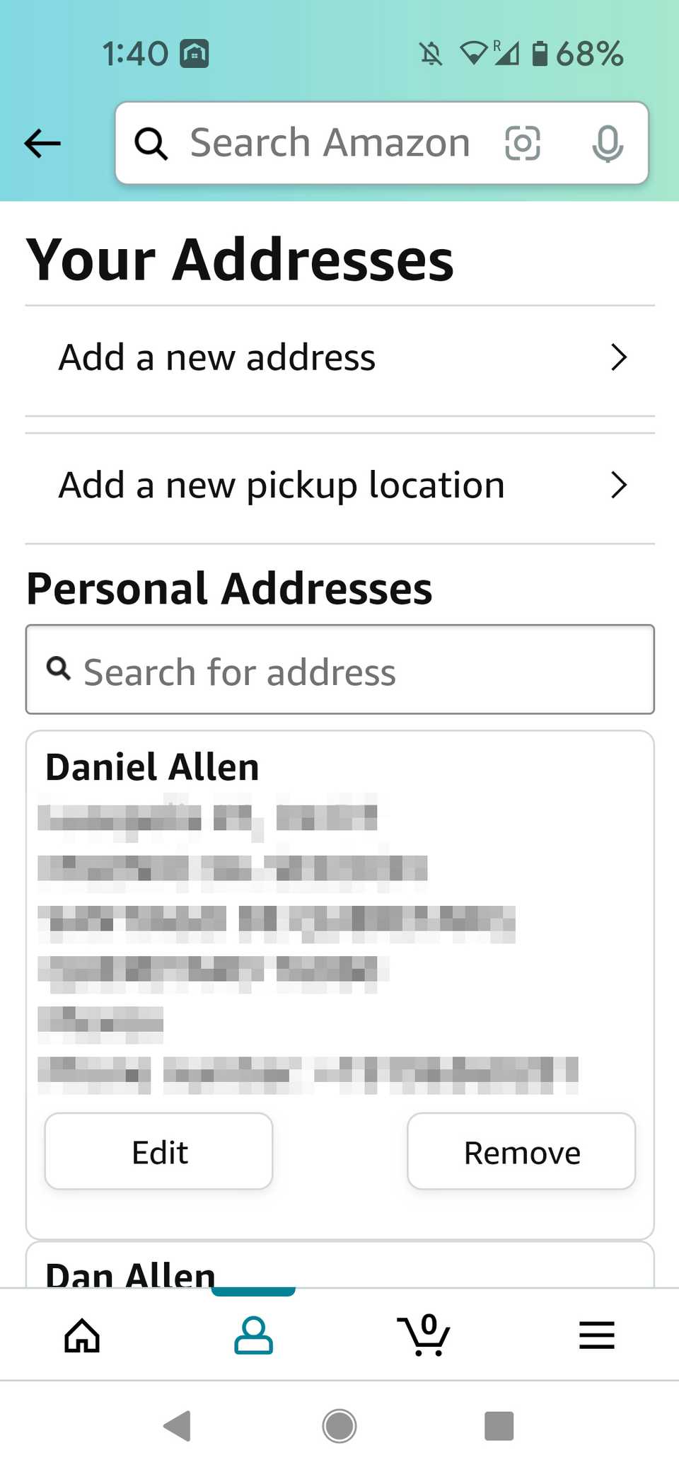 Add a new address option in Your Addresses page and showing added addresses with edit and remove buttons in the Amazon mobile app