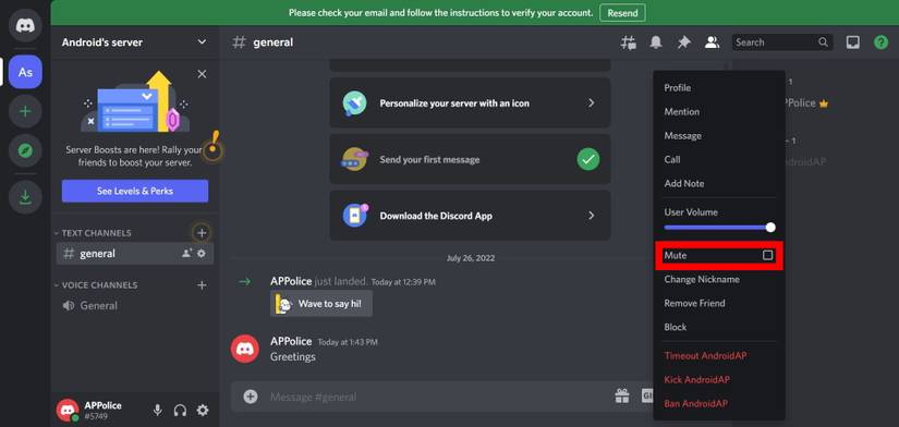 Screenshot of locating the mute feature in a Discord server on desktop