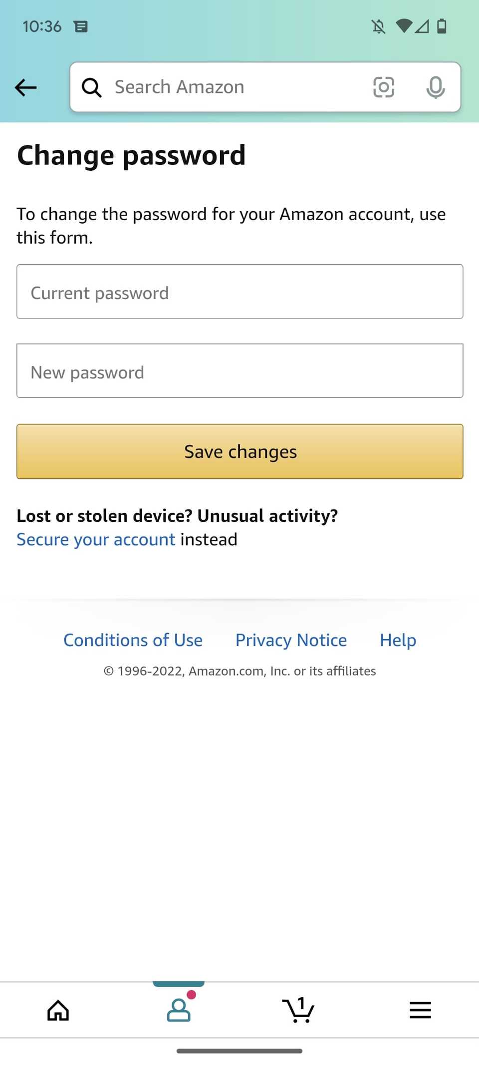 Campi vuoti per la modifica della password dell'app per lo shopping Amazon
