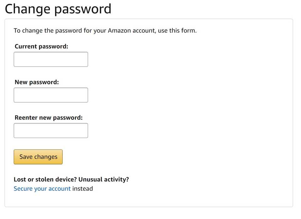 Campi di modifica della password del browser desktop per lo shopping di Amazon