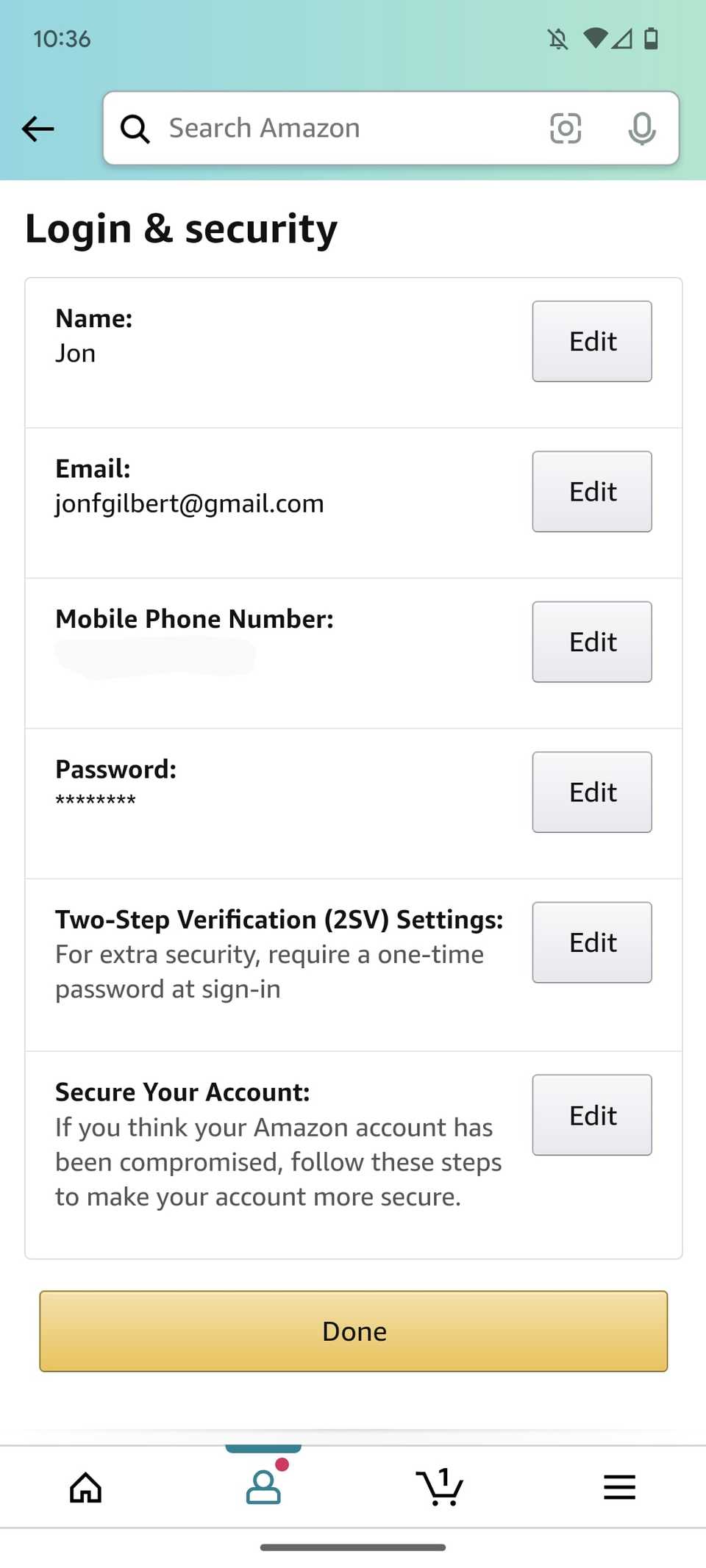 Accesso e sicurezza dell'app per lo shopping Amazon con pulsanti di modifica