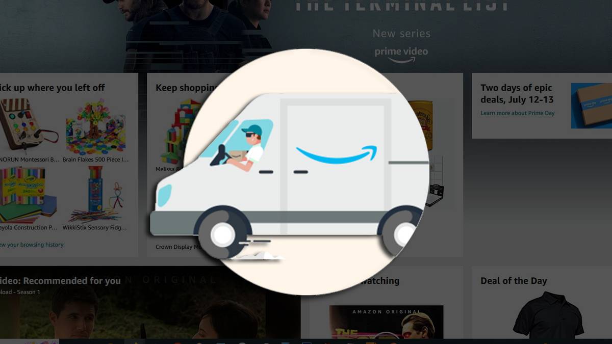 An Amazon truck against a screenshot of the Amazon homepage