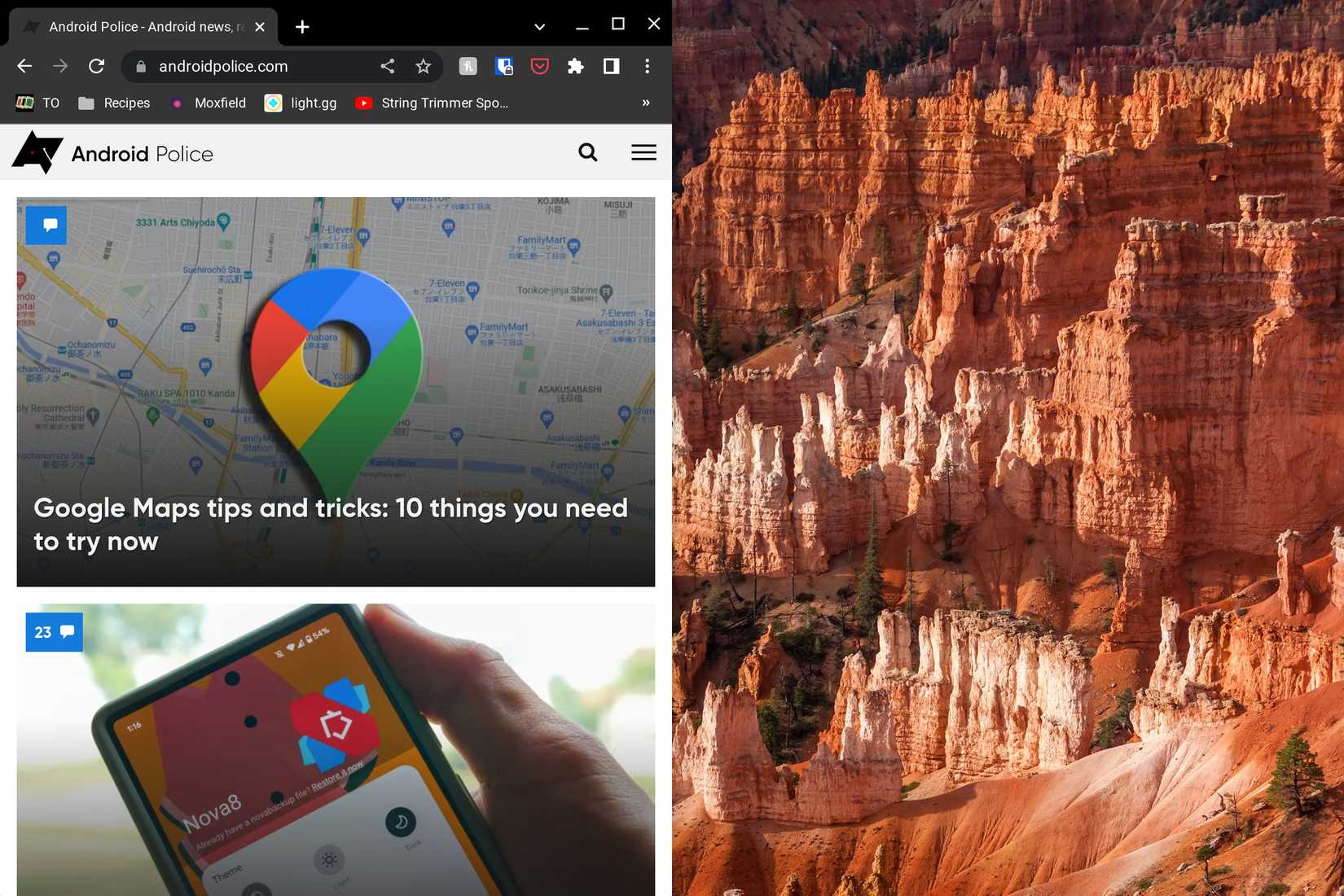 A Chromebook window snapped to the left side of the screen