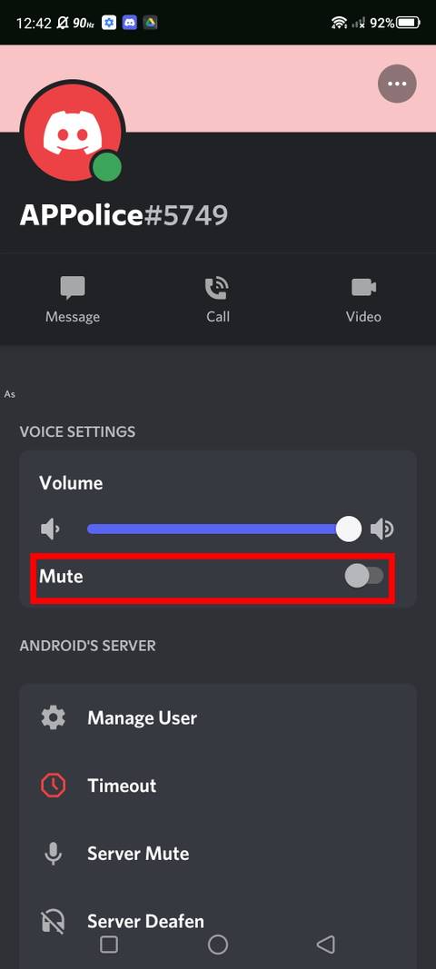 Screenshot of locating the mute slider for a Discord user