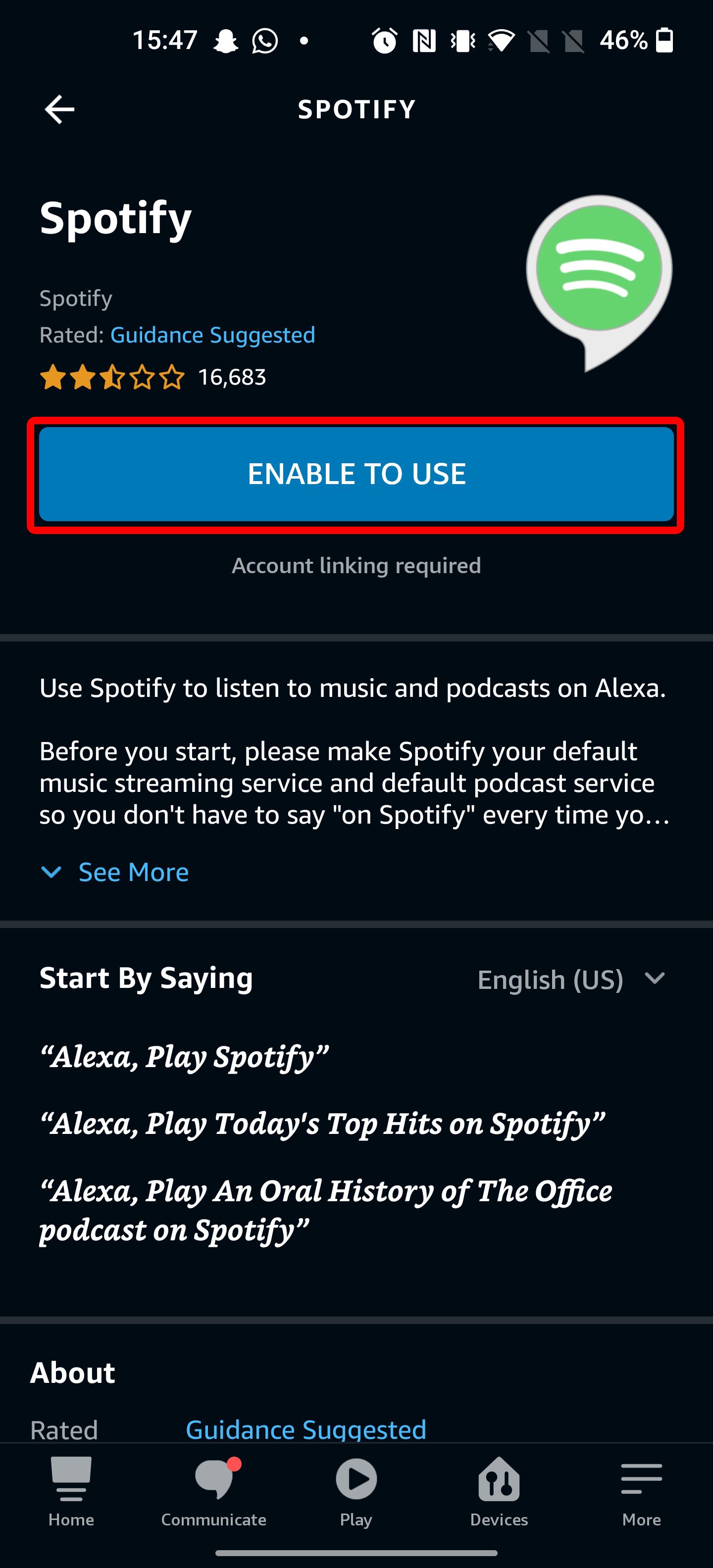 The Spotify enable to use page on the Amazon Alexa app's Music section.