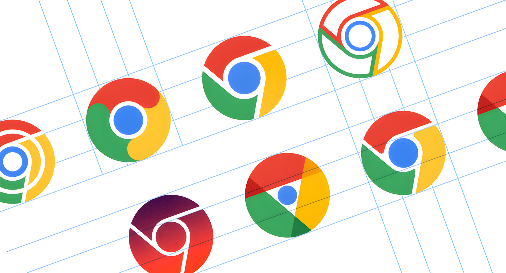 Variações do ícone do Google Chrome aparecem em linhas azuis paralelas, mas verticais.