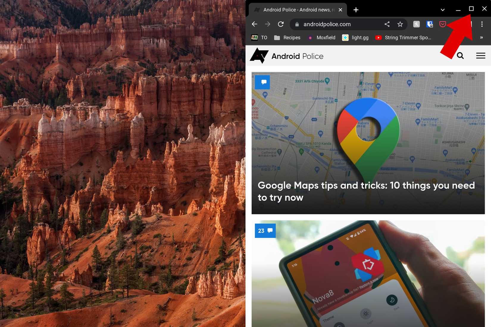 A window snapped to the right with an arrow pointing to the maximize button.