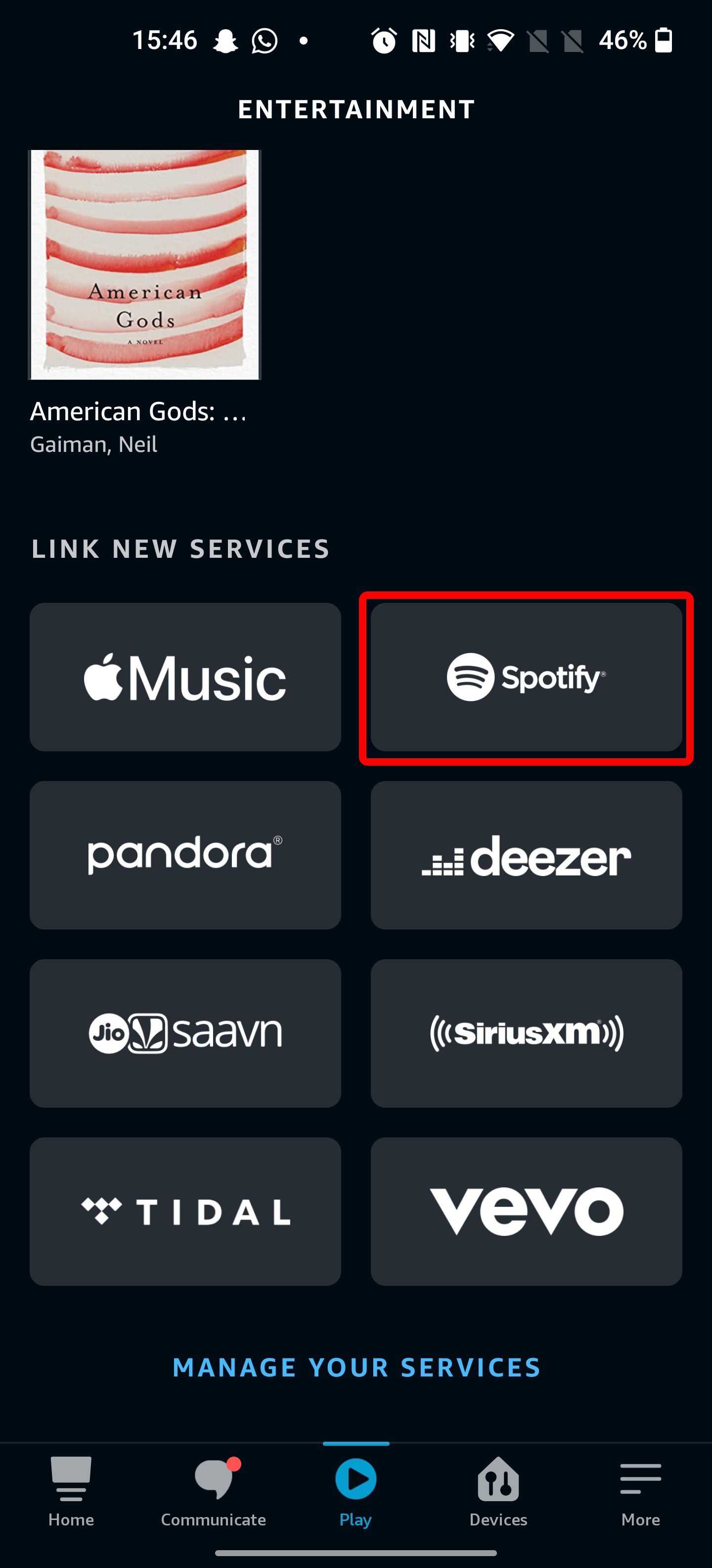 The link new music services page in the Play section of the on the Amazon Alexa app.