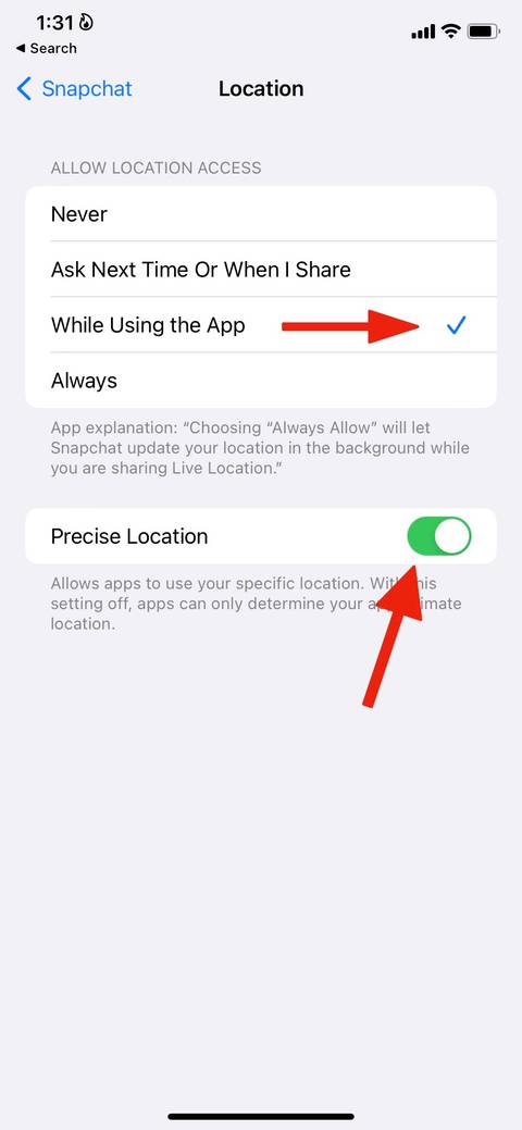 Screenshot highlighting Precise location option for Snapchat