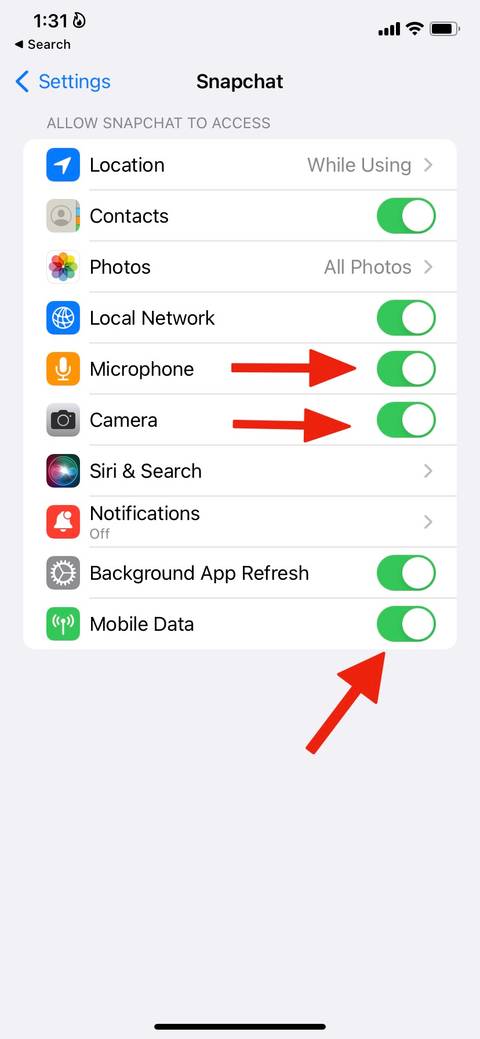 Screenshot of Snapchat permissions