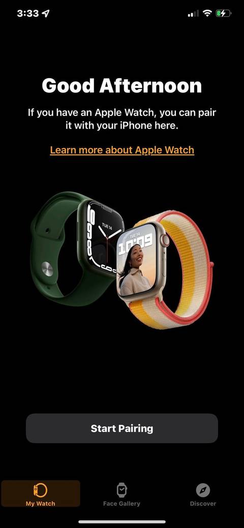 شاشة بدء الاقتران في تطبيق Apple Watch على iPhone