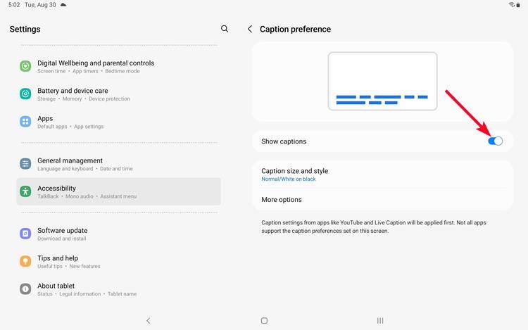 Caption preference menu on Samsung S7 tablet