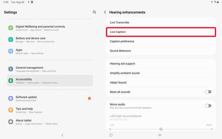 Hearing Enhancement menu on Samsung S7+ tablet