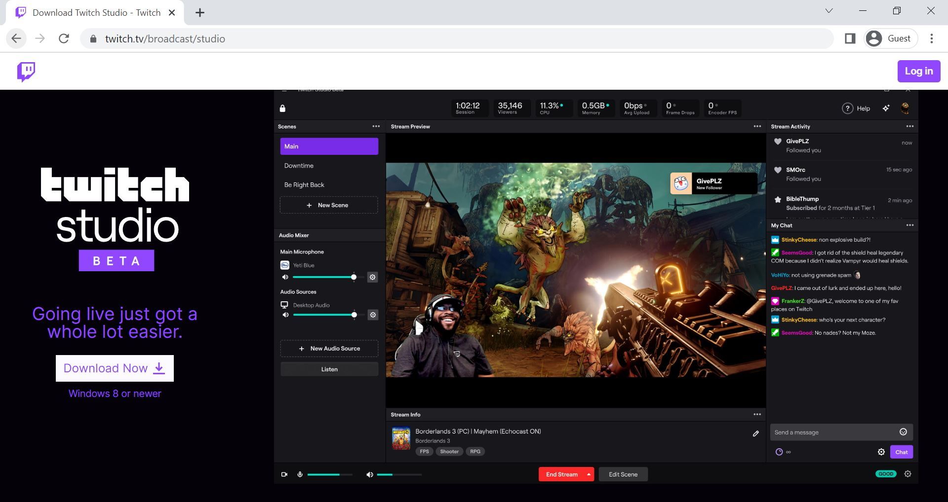 Cuplikan layar beranda Twitch Studio