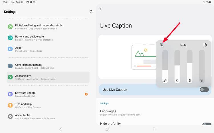 Turning off Live Caption with Samsung S7 tablet volume bar