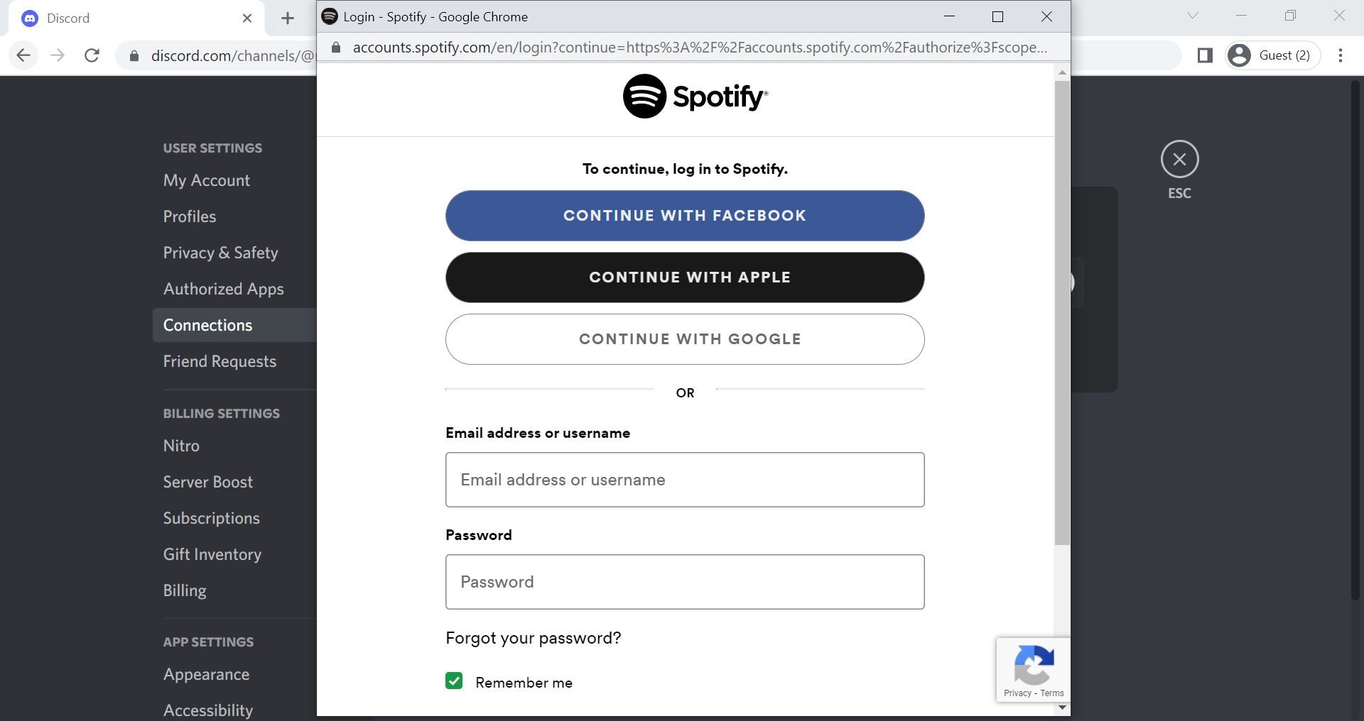 Cuplikan layar masuk ke akun Spotify untuk proses konektivitas Discord dan Spotify di desktop