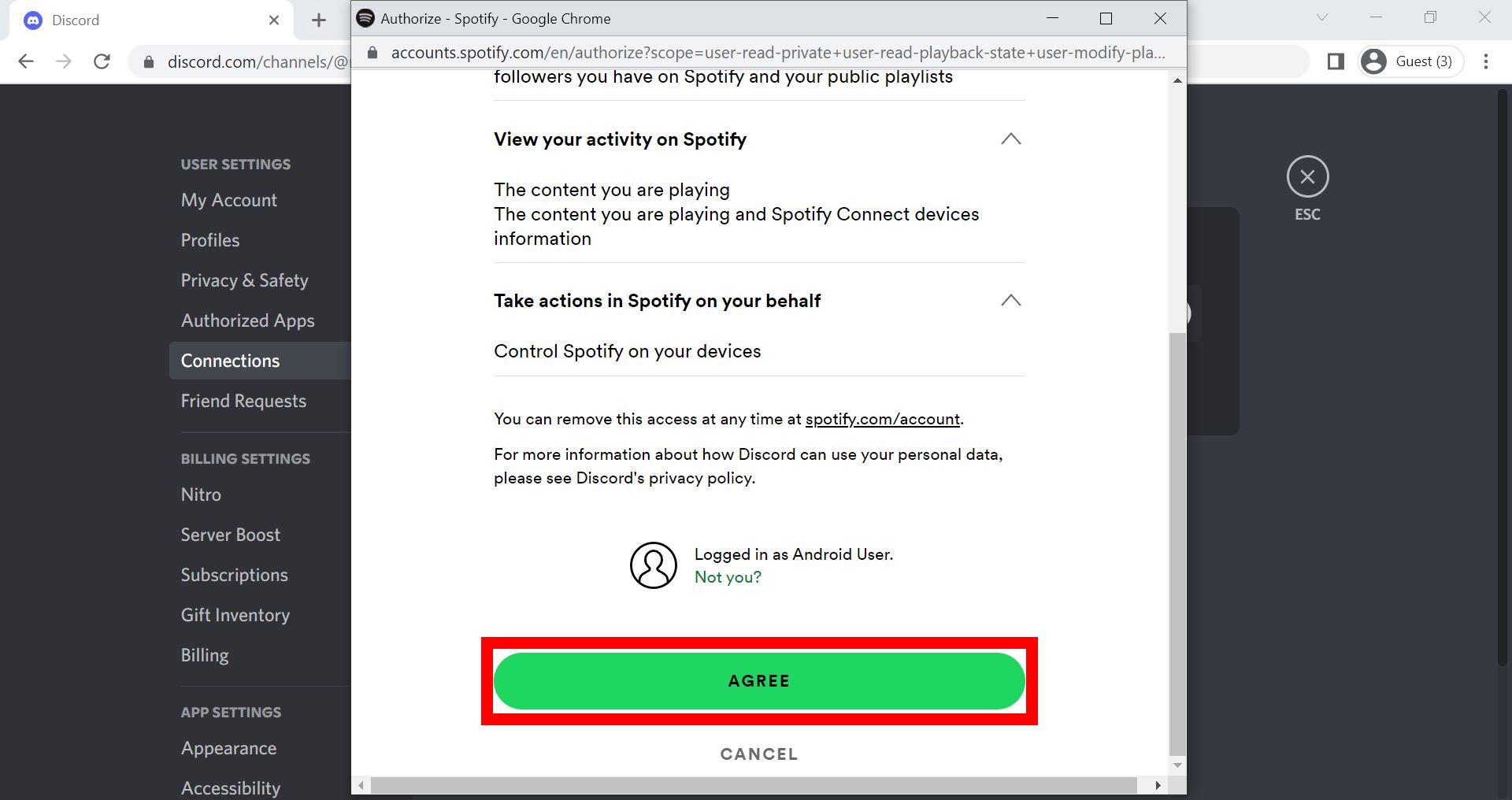 Cuplikan layar Perselisihan yang terhubung ke akun Spotify Anda di desktop