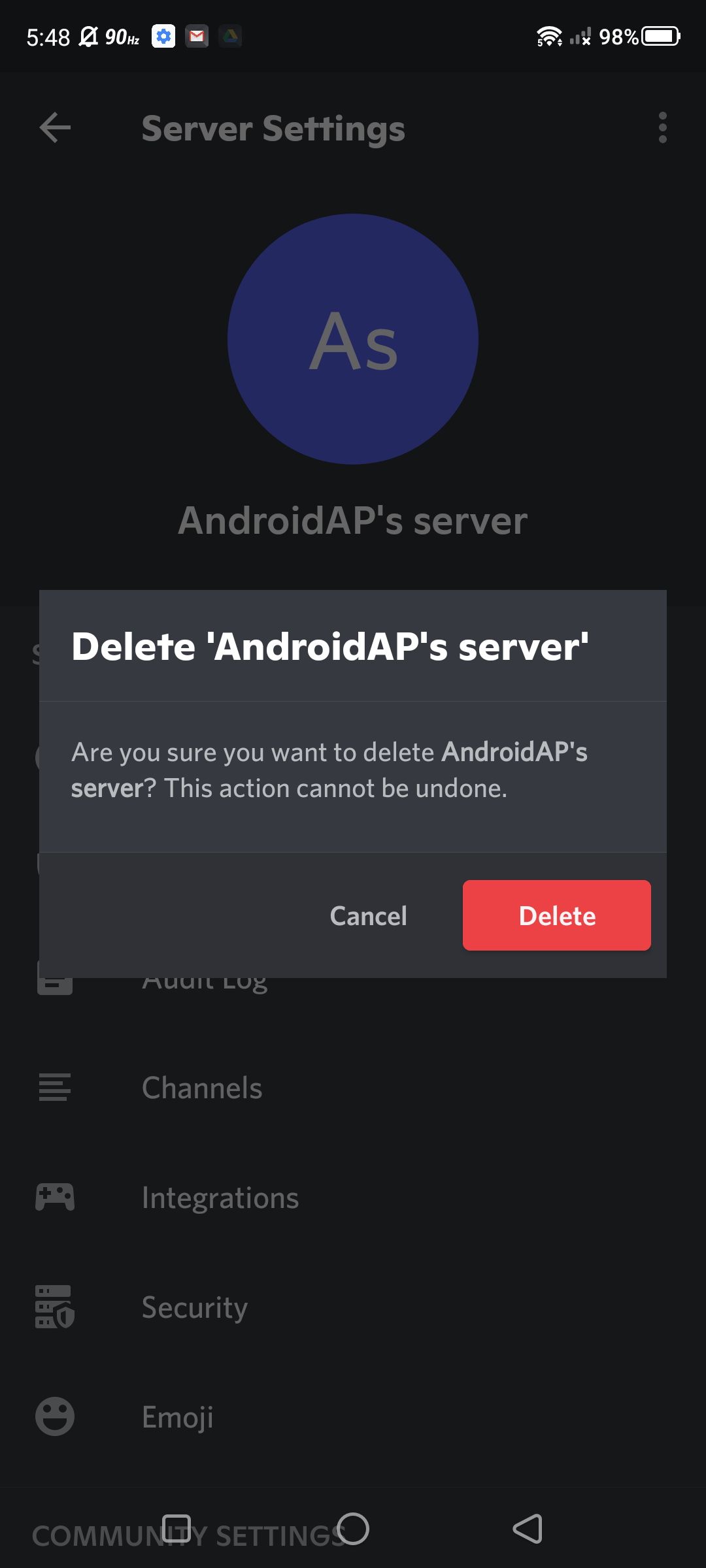 Screenshot of confirming the server delete on the Discord Android app