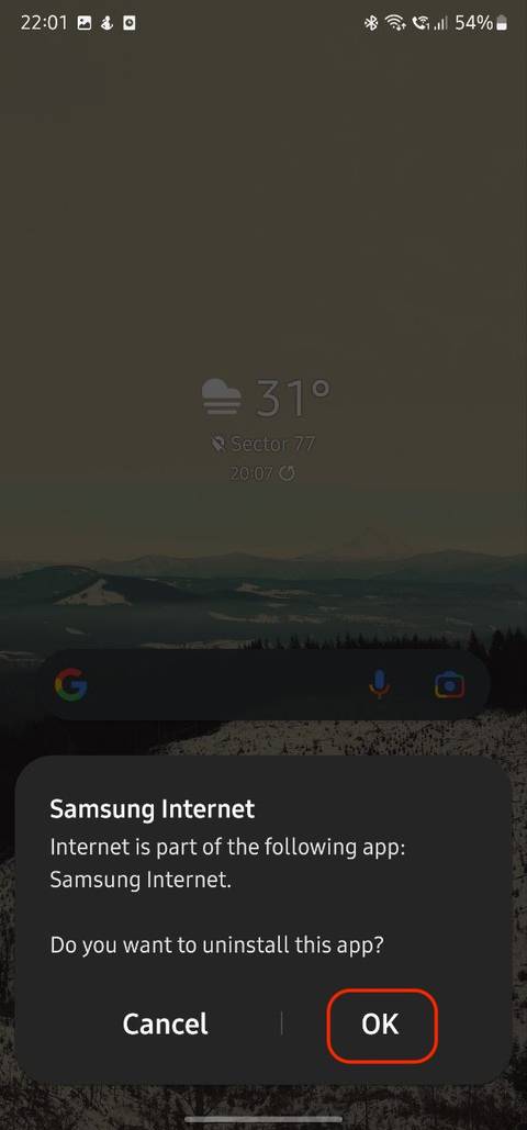 red rectangle outline over ok Confirmation for deleting Samsung apps from the home screen