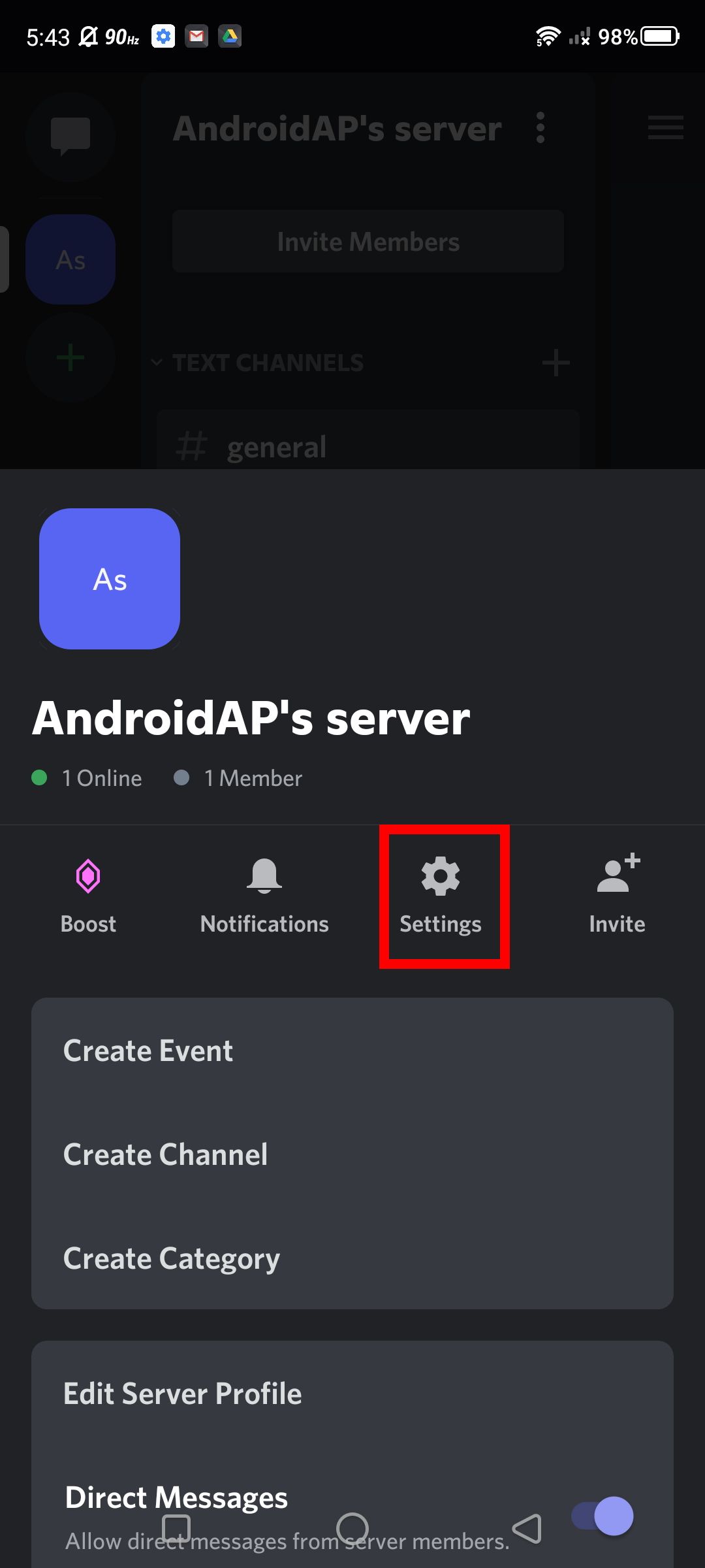 Screenshot of accessing server settings on the Discord Android app