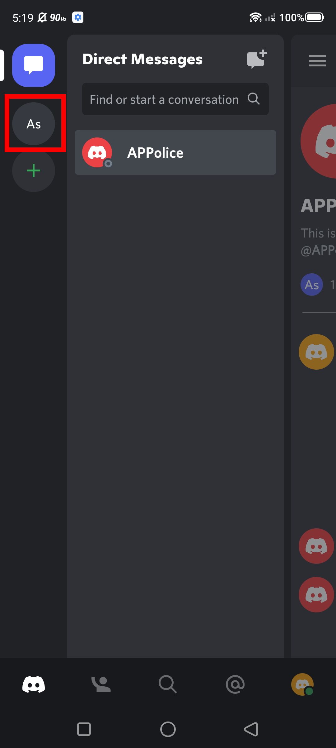 Captura de tela da lista de servidores Discord no aplicativo Discord para Android