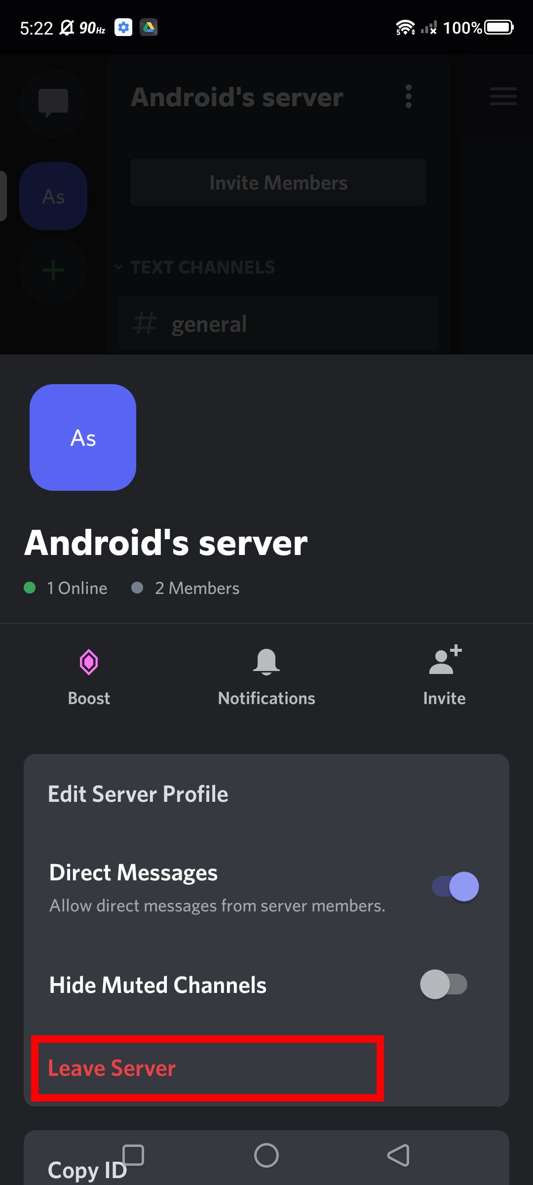 Captura de tela da opção Sair do servidor no aplicativo Discord para Android