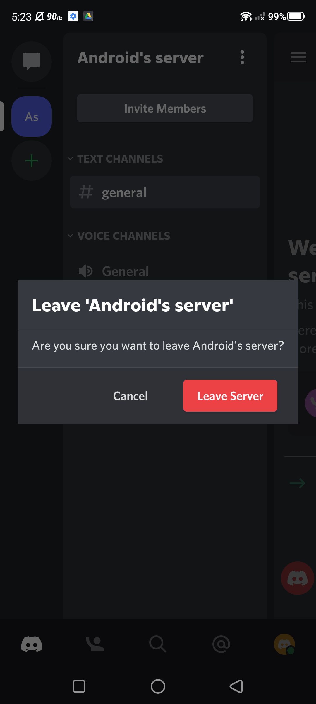 Screenshot of confirming the option to leave a Discord server on the Discord Android app