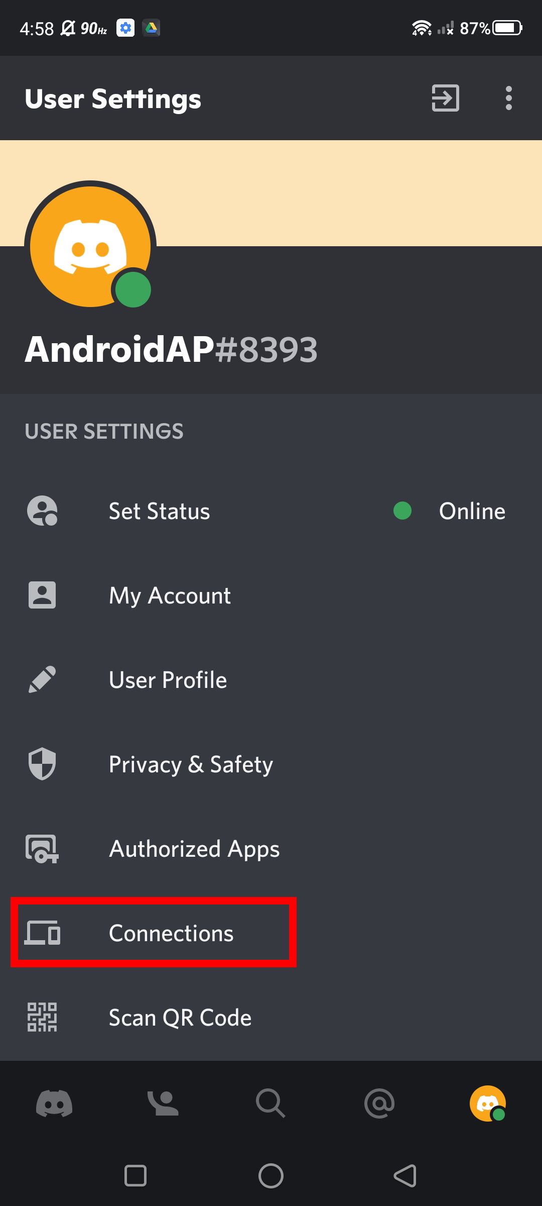 Cuplikan layar aplikasi Discord yang menguraikan opsi koneksi di Android
