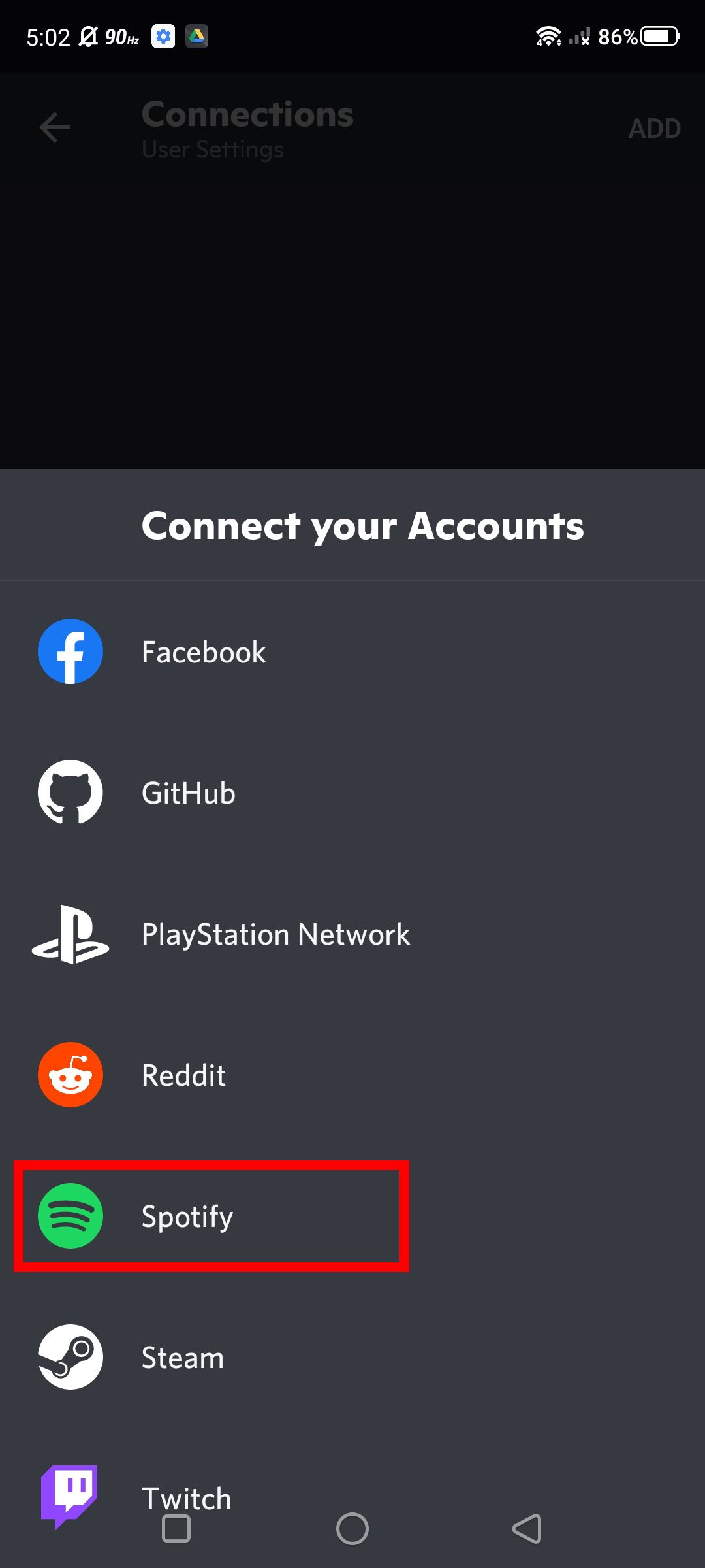 Cuplikan layar daftar pilihan koneksi aplikasi Discord di Android