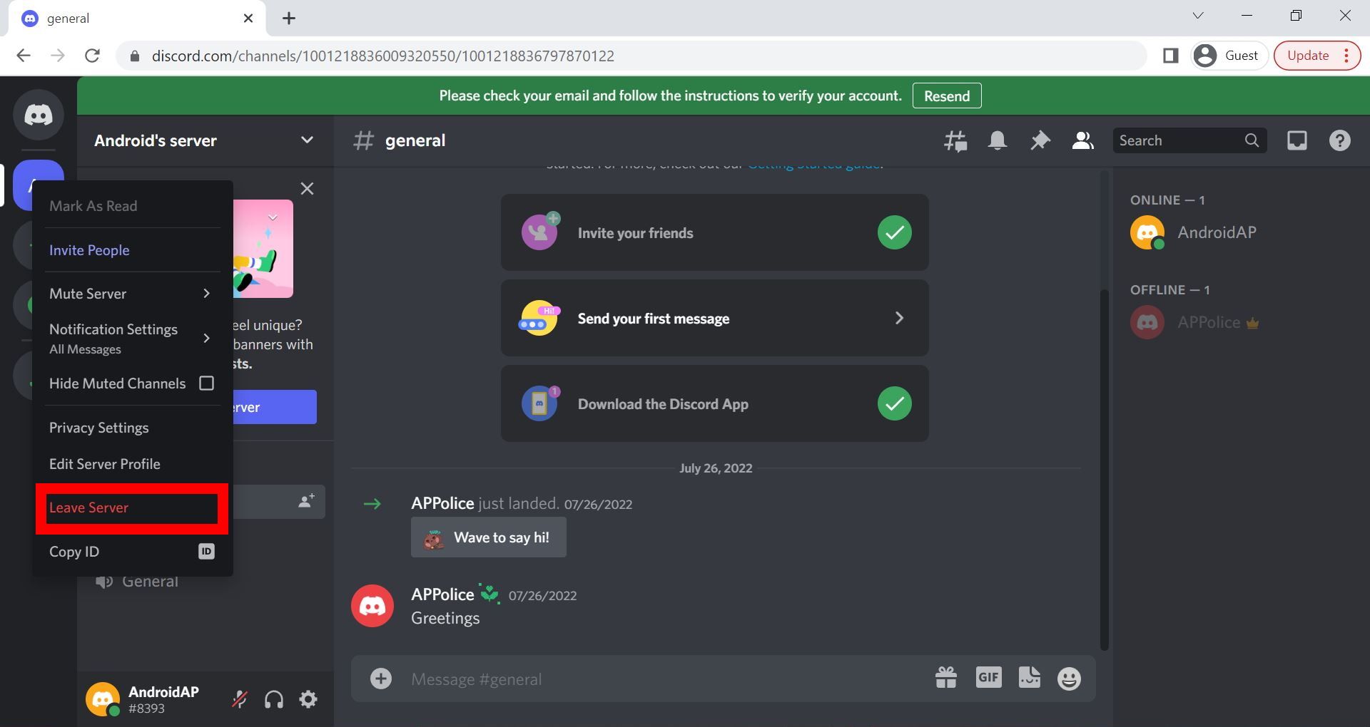 Screenshot of the Leave Server option on the Discord web page