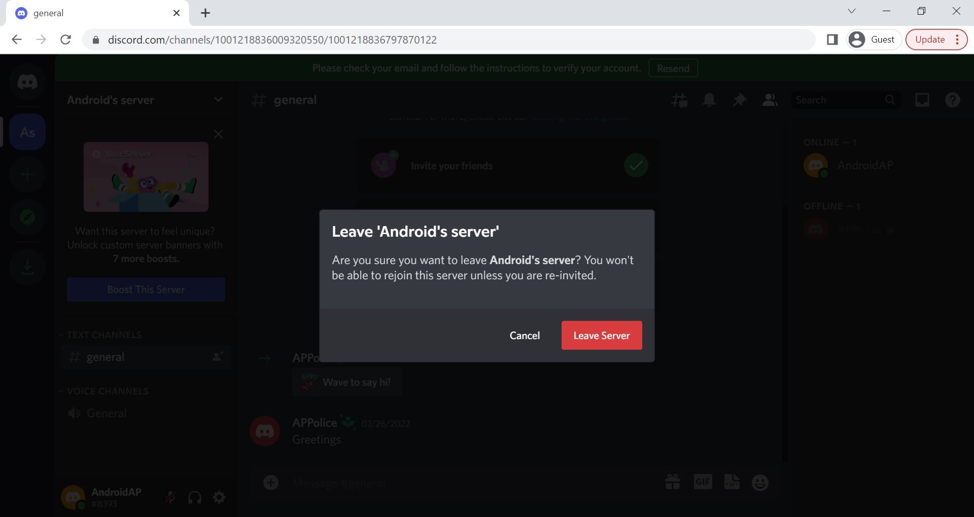 Screenshot of confirming to leave a Discord server through the Discord web page